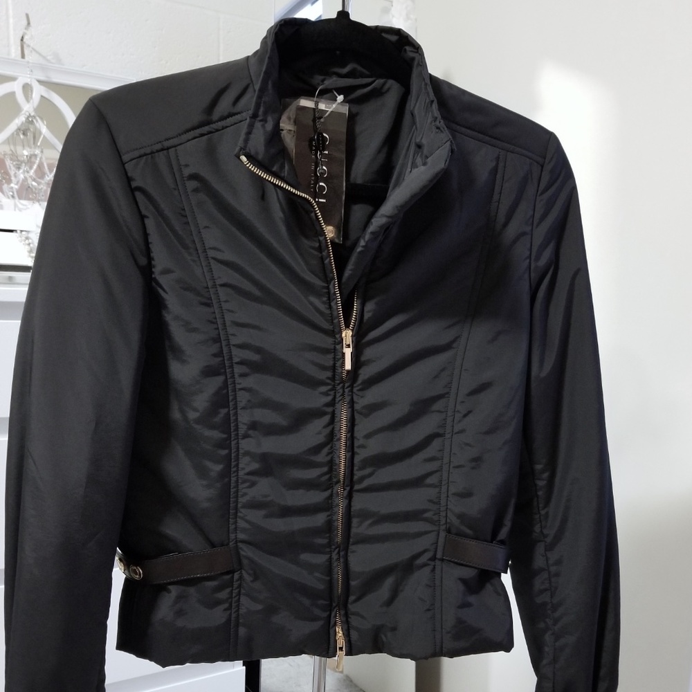 Gucci Black Nylon Jacket  with Leather Accents   Authentic. Tags  Size 38